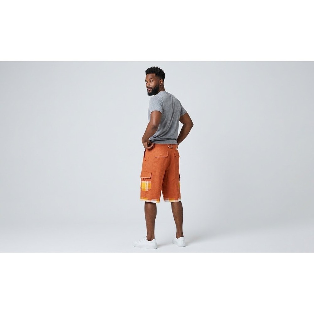 Hiphop History Platinum Cargo Shorts Orange Plaid Trim Linen Blend Mens 2XL